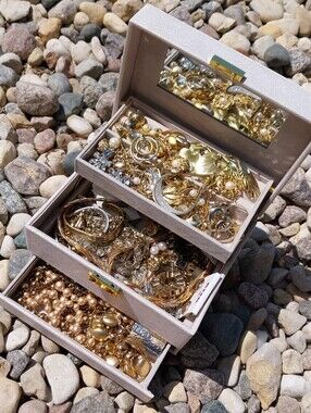 Gold Tone Jewelry Box with Mixed Gold Jewelry